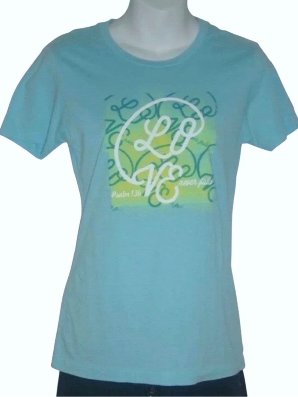 Love Never Fails Tee Shirt Psalm 136 Christian Aqua Blue Scripture Religious M